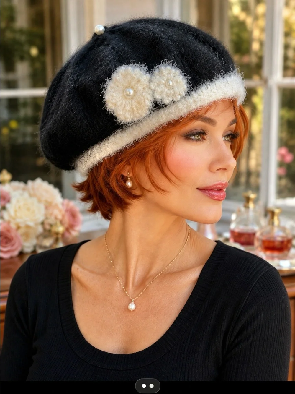 Slouch Beret Beanie Hat Designer “ Hand Knits 2 Love” Flowers Pearl Black White